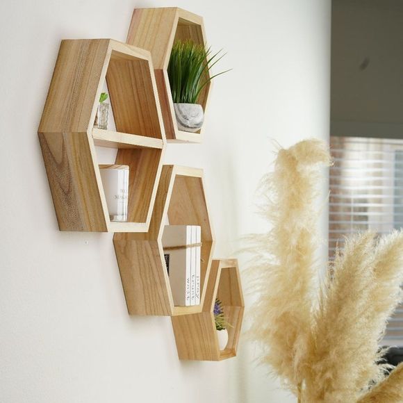 Floating Shelves - Natural Hexagon Shelves Set of 4 - wall decor - Picture 2 of 10